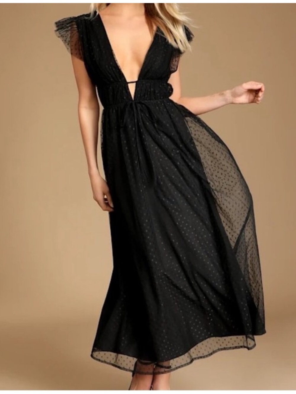 Lulu's Black Polka Dot I'm All Yours Ruffle Sleeves Tulle Dress - Size Medium